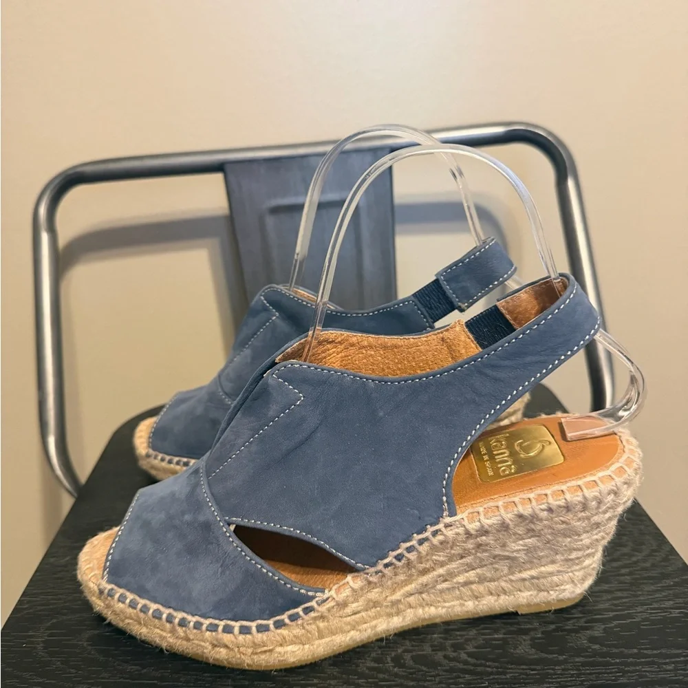 Kanna Spain Blue Leather Espadrille Wedge Sandals EU 37 US 6.5 Peep Toe